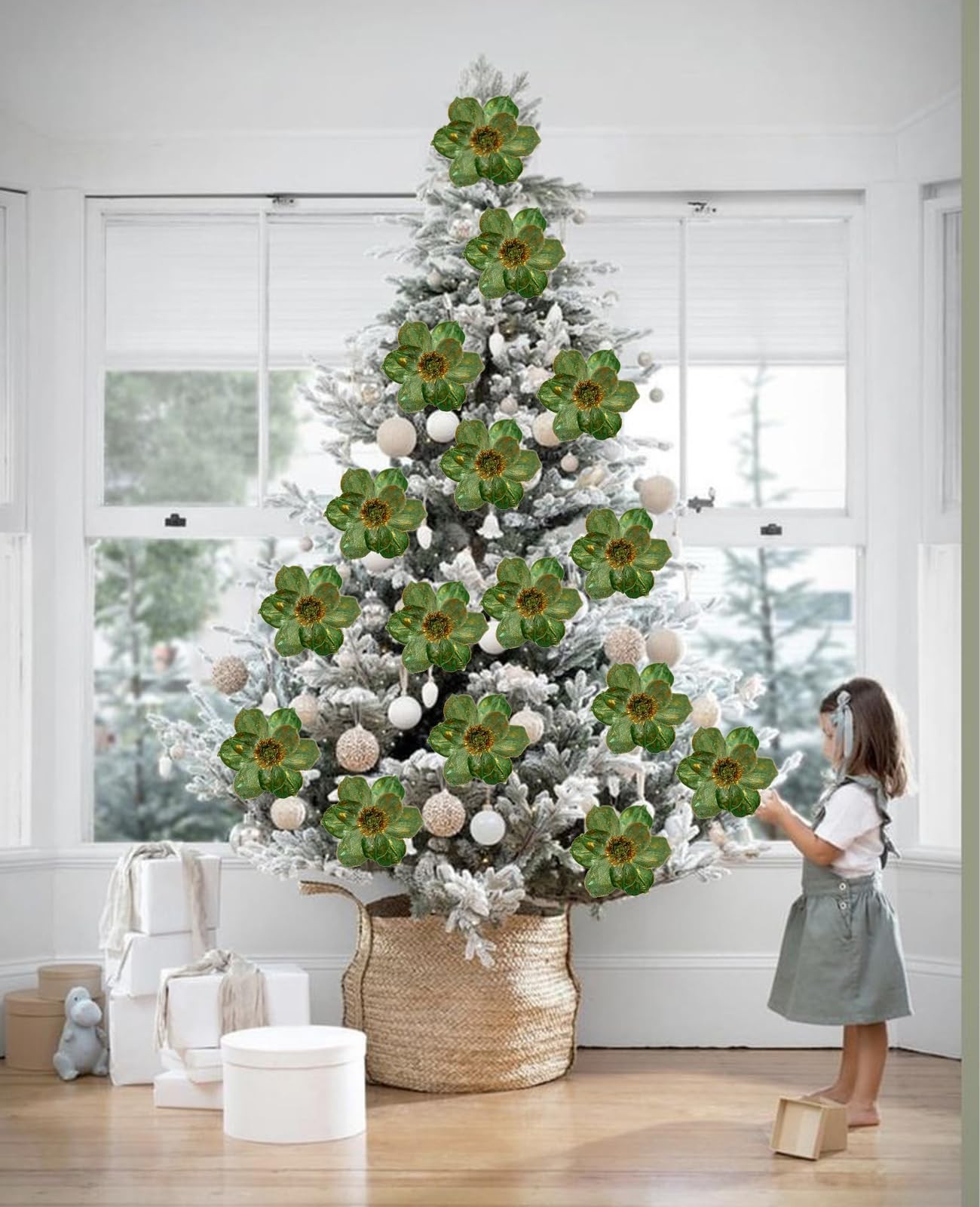 8’’ Large Heads Christmas Glitter Magnolia Flowers Christmas Tree Ornaments S…