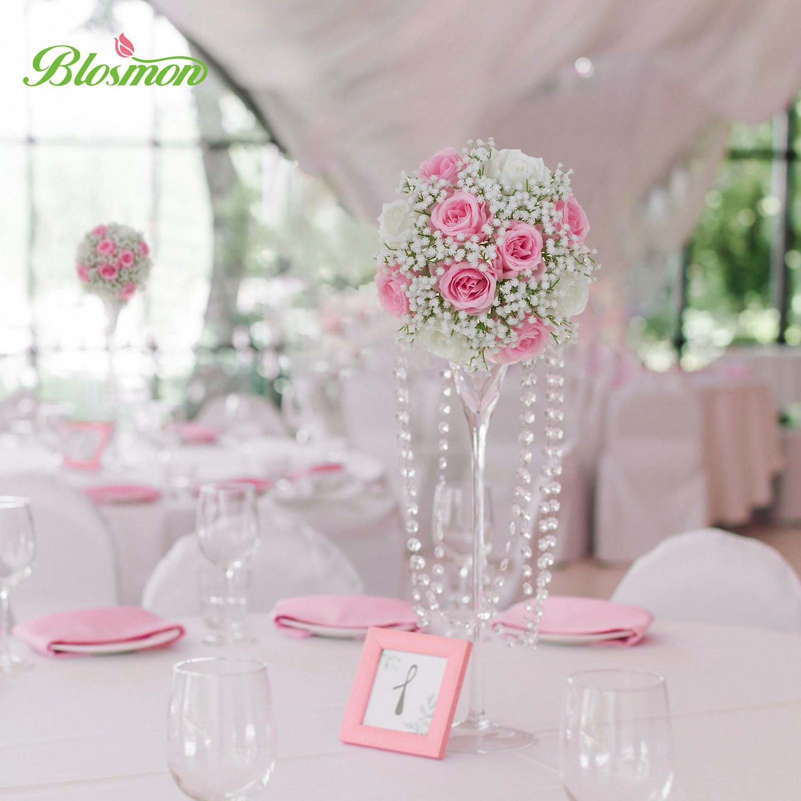 2 PCS Fake Pink Rose Baby’s Breath Artificial Flower Ball Centerpieces For Table