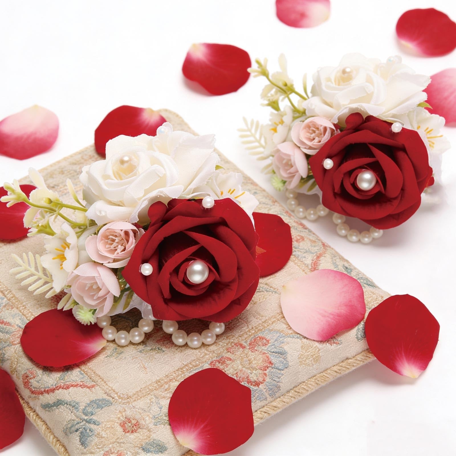 Dark Red Wrist Corsage And Boutonniere Set Artificial Rose Wedding 2 PCS