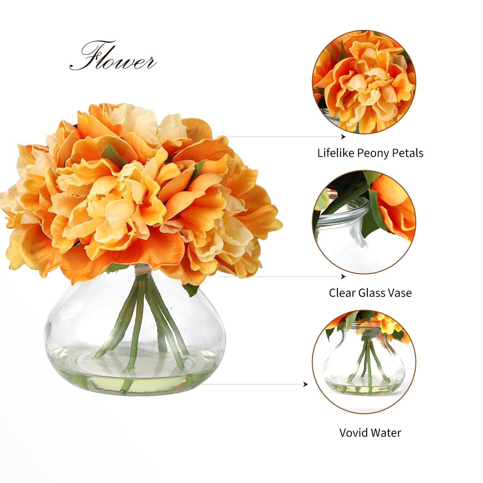 Orange Peony Bouquet in Glass Vase 6 Piece Artificial Flower Arrangement wit…
