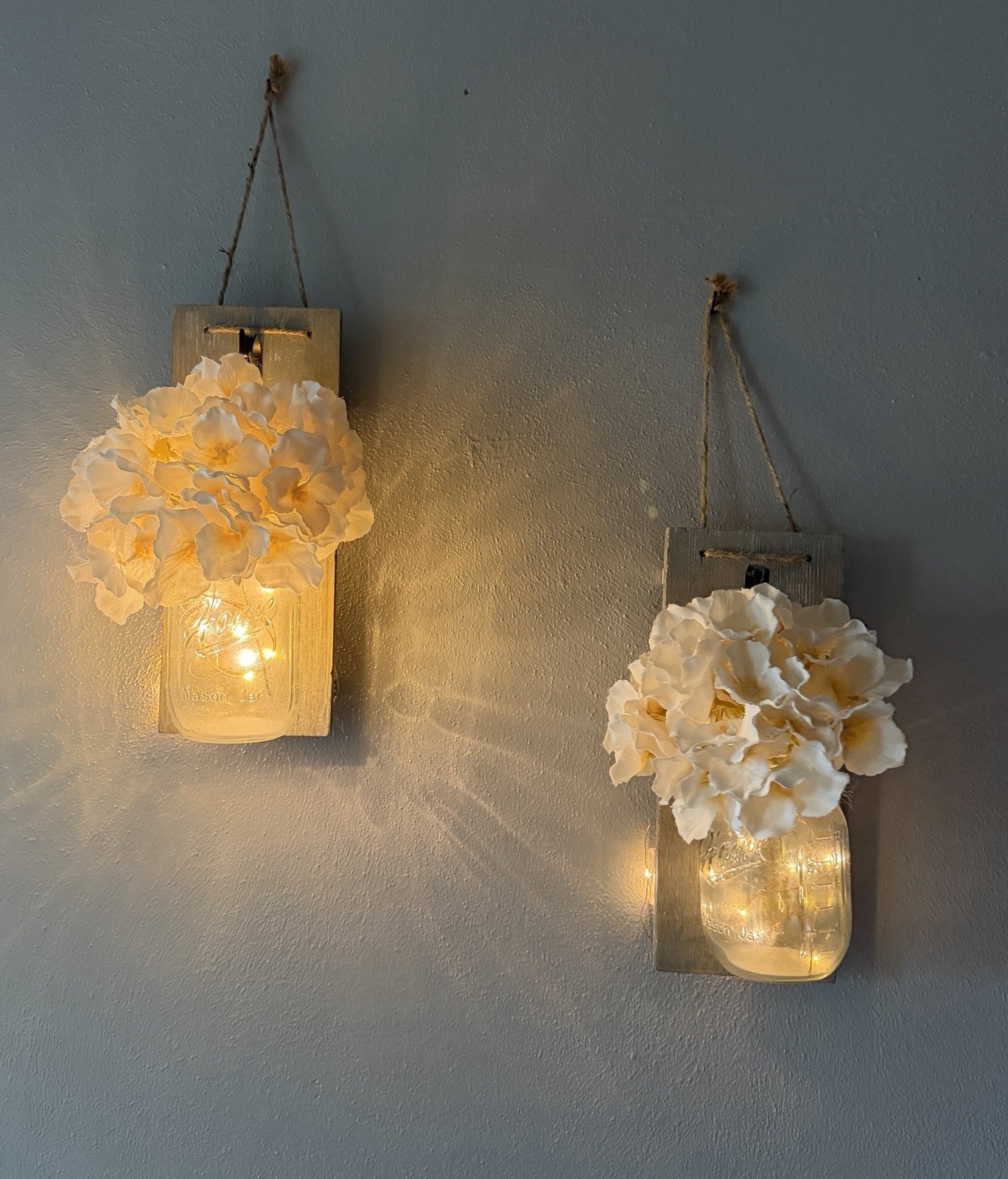 2 Rustic Wall Hanging Mason Jar Vases w/ Artificial White Hydrangea, Gray Wood