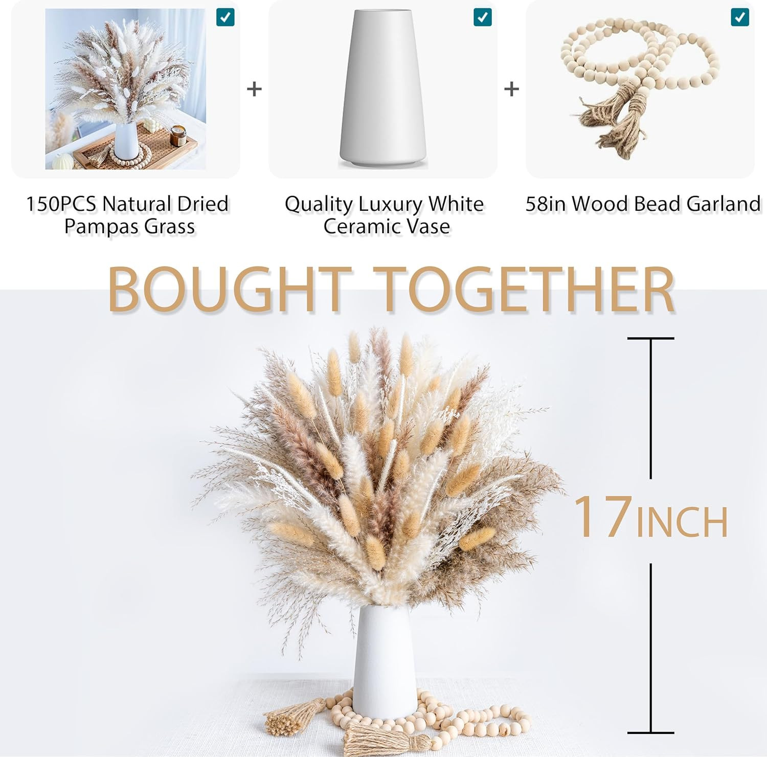 150pcs Pampas Grass + 1 White Ceramic vase + 1 Wood Bead Garland , Boho Home Dec