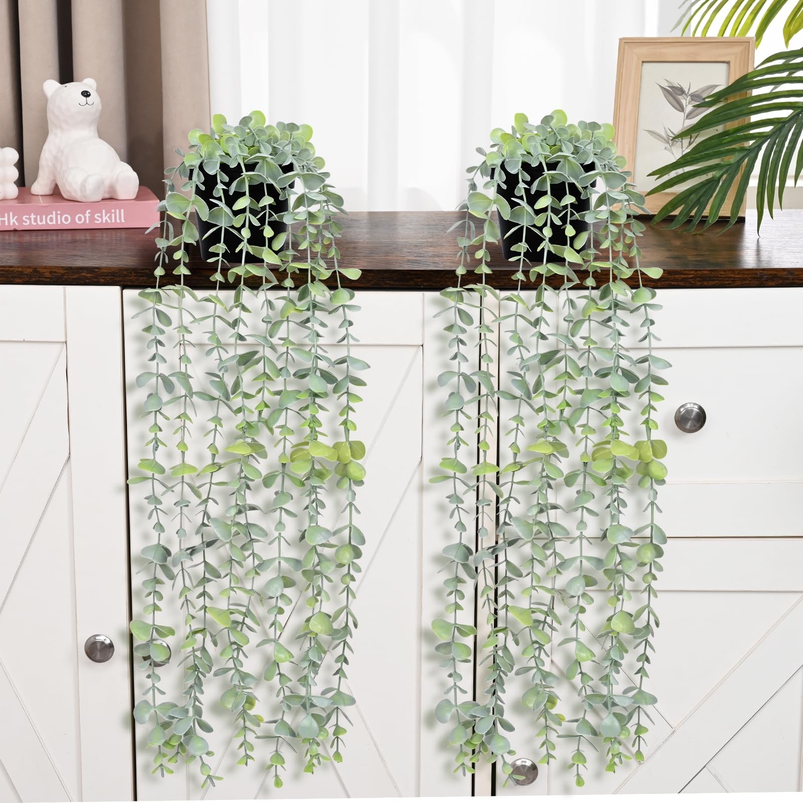 2Pcs Fake Hanging Plants with Pot Light Green Eucalyptus Leaves UV Resistant …