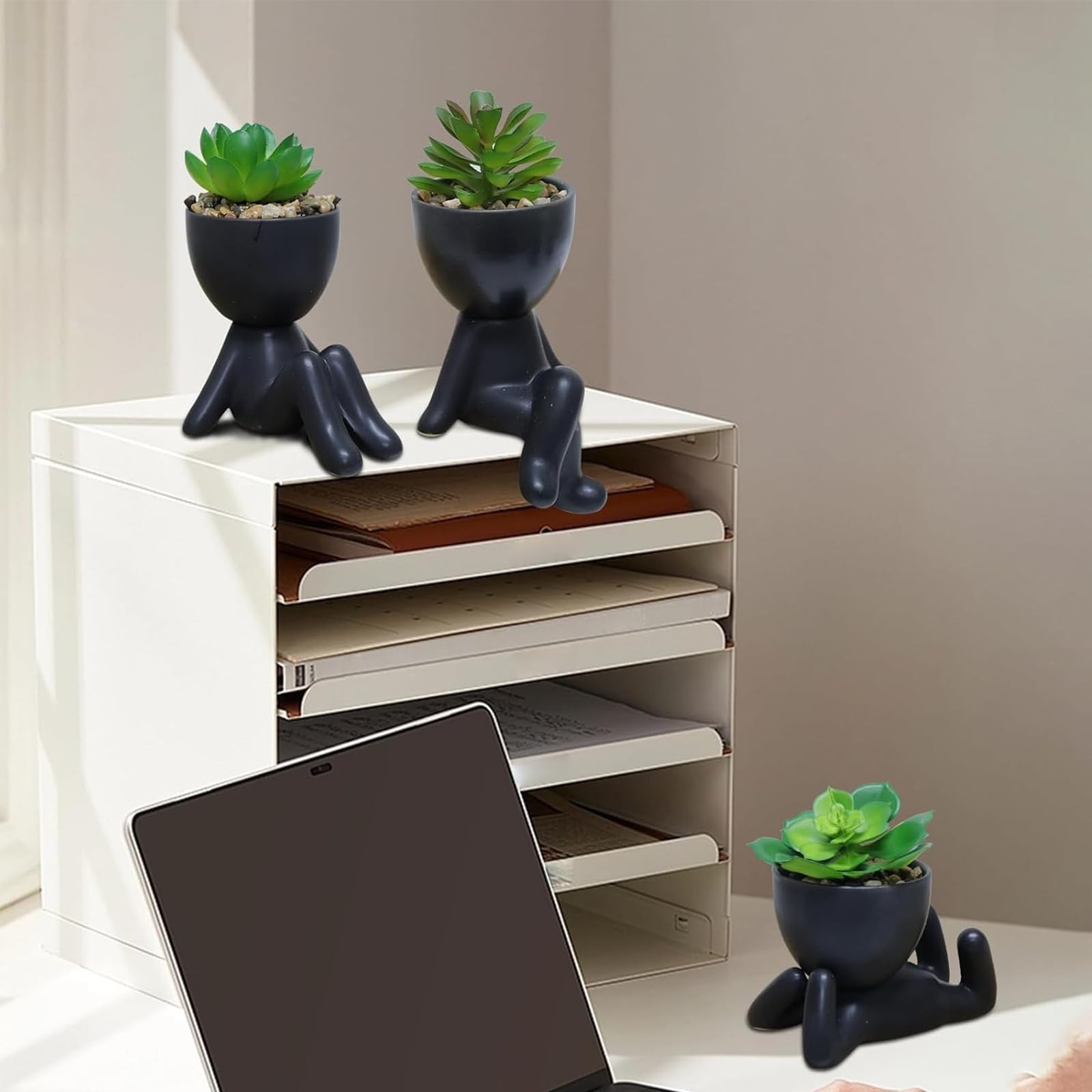 3 PCS Cute Artificial Succulent Plants with Creative Ceramics Human Shaped Po…