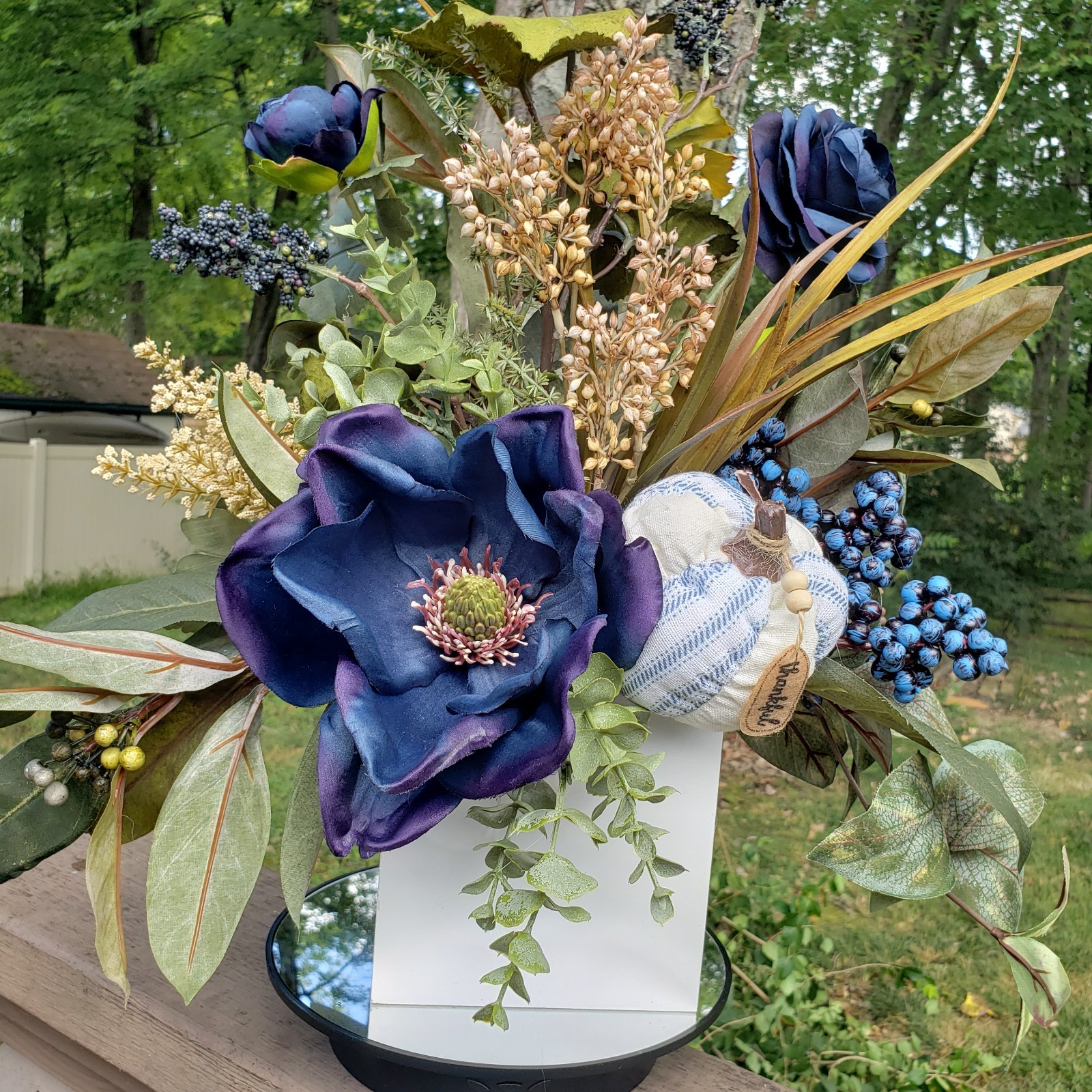 Navy Blue Fall Floral Arrangement Pumpkin Accent, Autumn Magnolia Arrangement