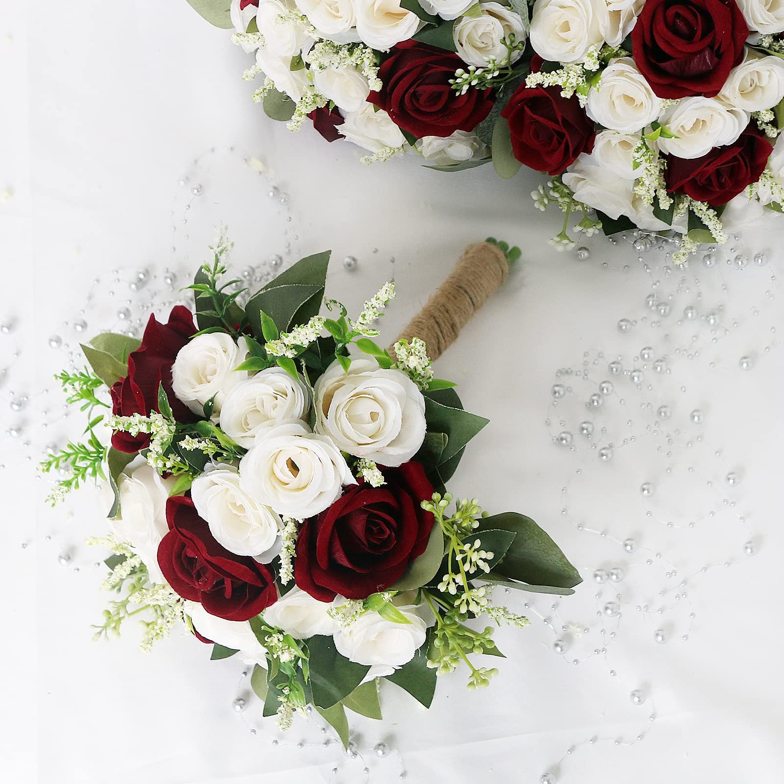 7 Inch Burgundy White Artificial Bridesmaid Bouquet Flower Wedding Shower