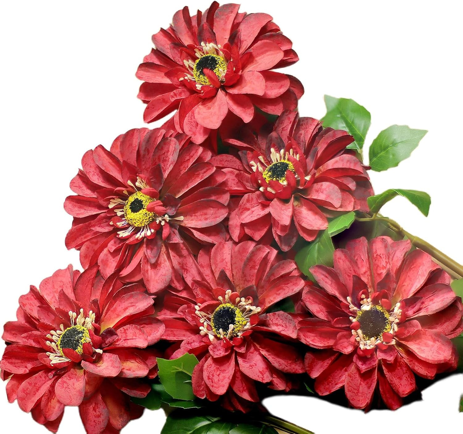 Artificial Chrysanthemums, 6-Stem Fake Flowers for Home Decor, Large Zinnia-Like
