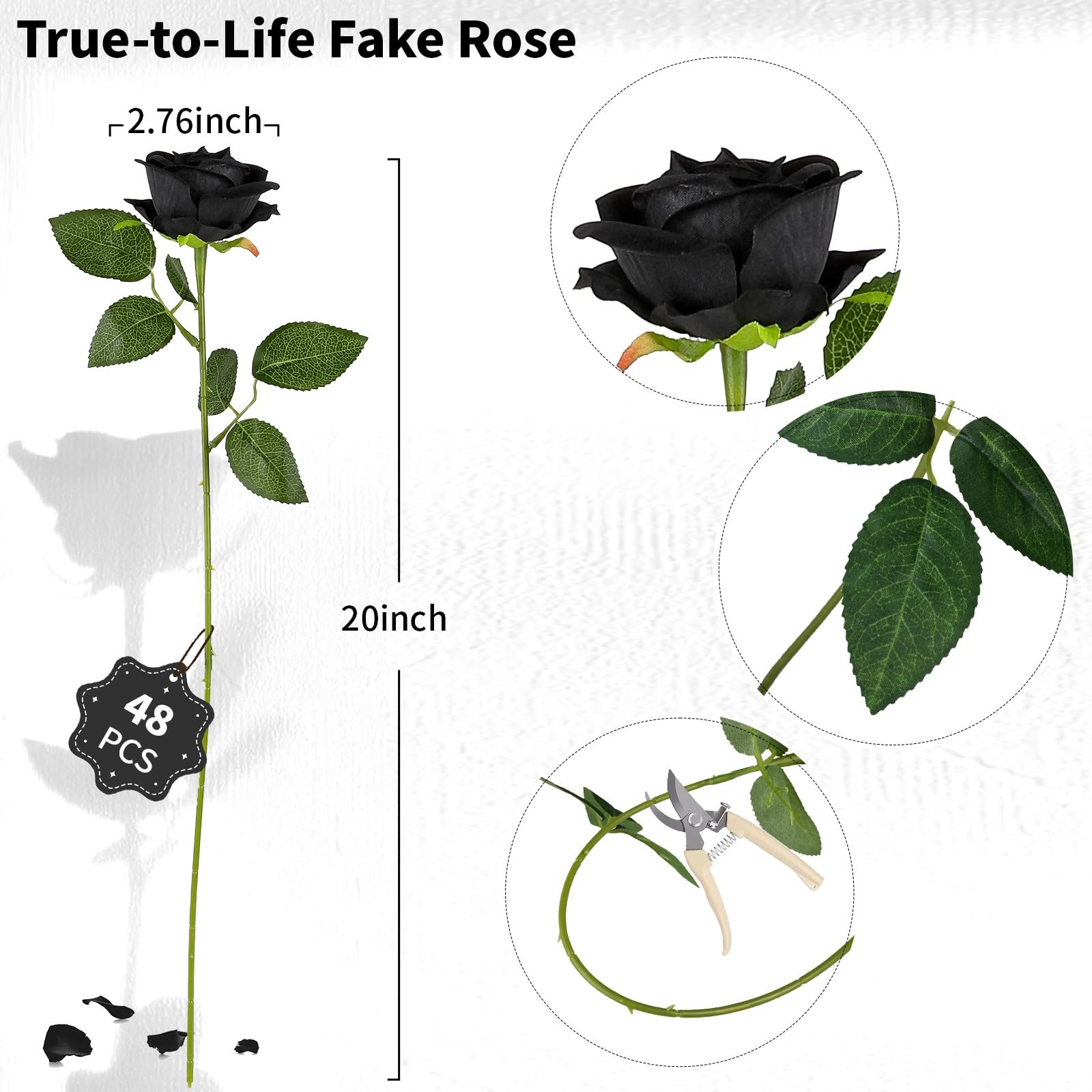 48 PCS Black Roses Velvet Realistic Artificial Flowers with Bendable Stems fo…