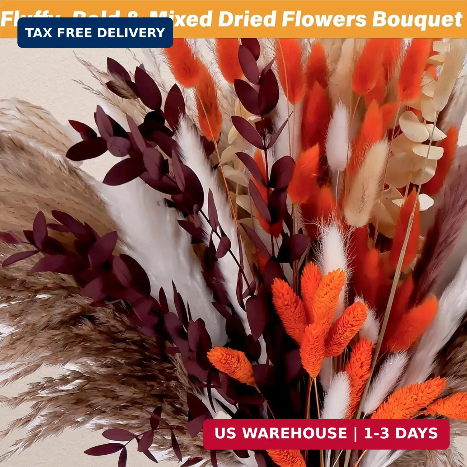 130Pcs Real Orange Pampas Grass, 17″ Natural Dried Flowers Boho Winter Decor, Mi