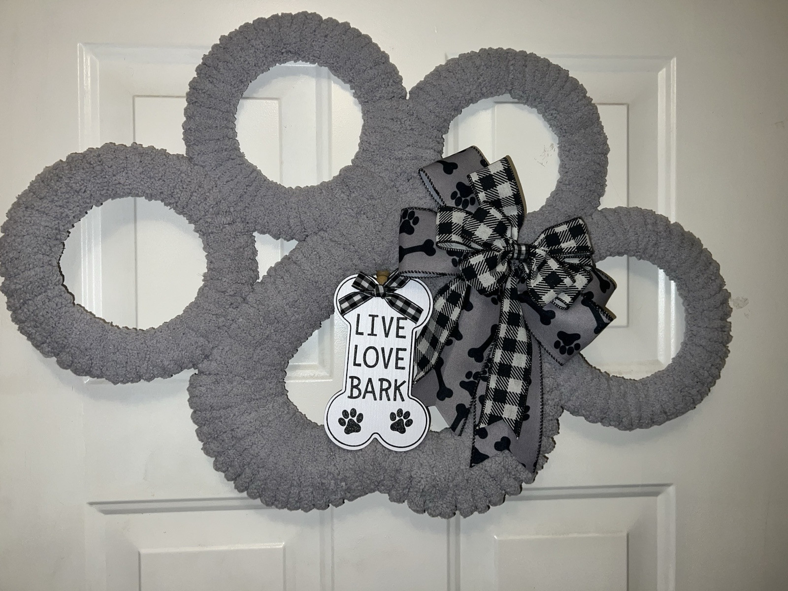 Live Love Bark Paw Print Wreath Grey Dog Paw Print LargeDoor Hanger Dog Mom Gift