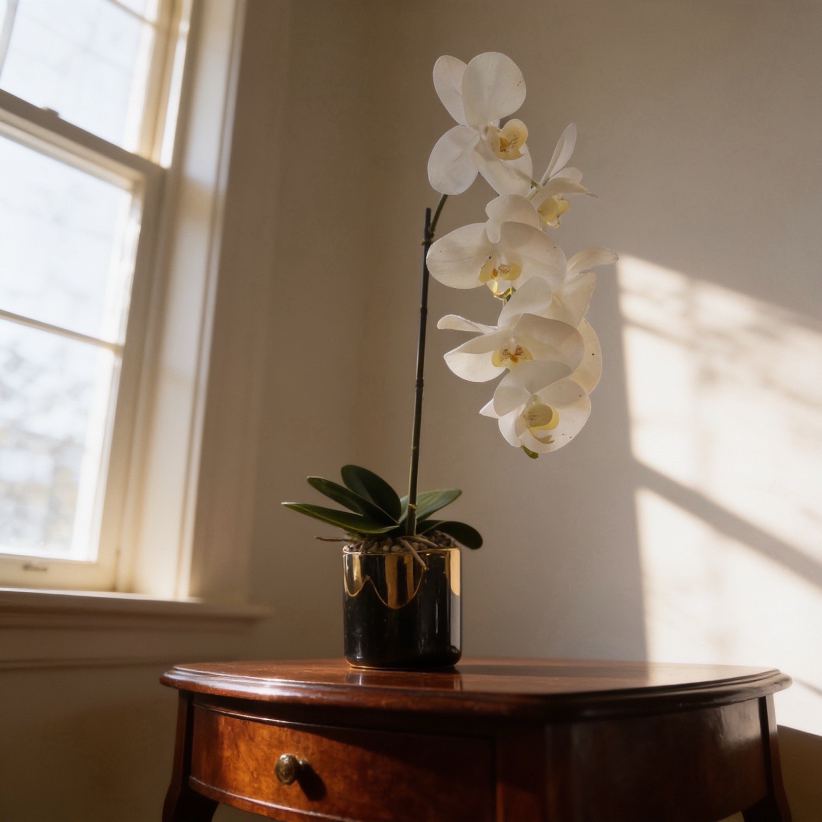 Artificial Orchid Flower Potted, 24″ White Orchid in Gold Pot Faux Plant