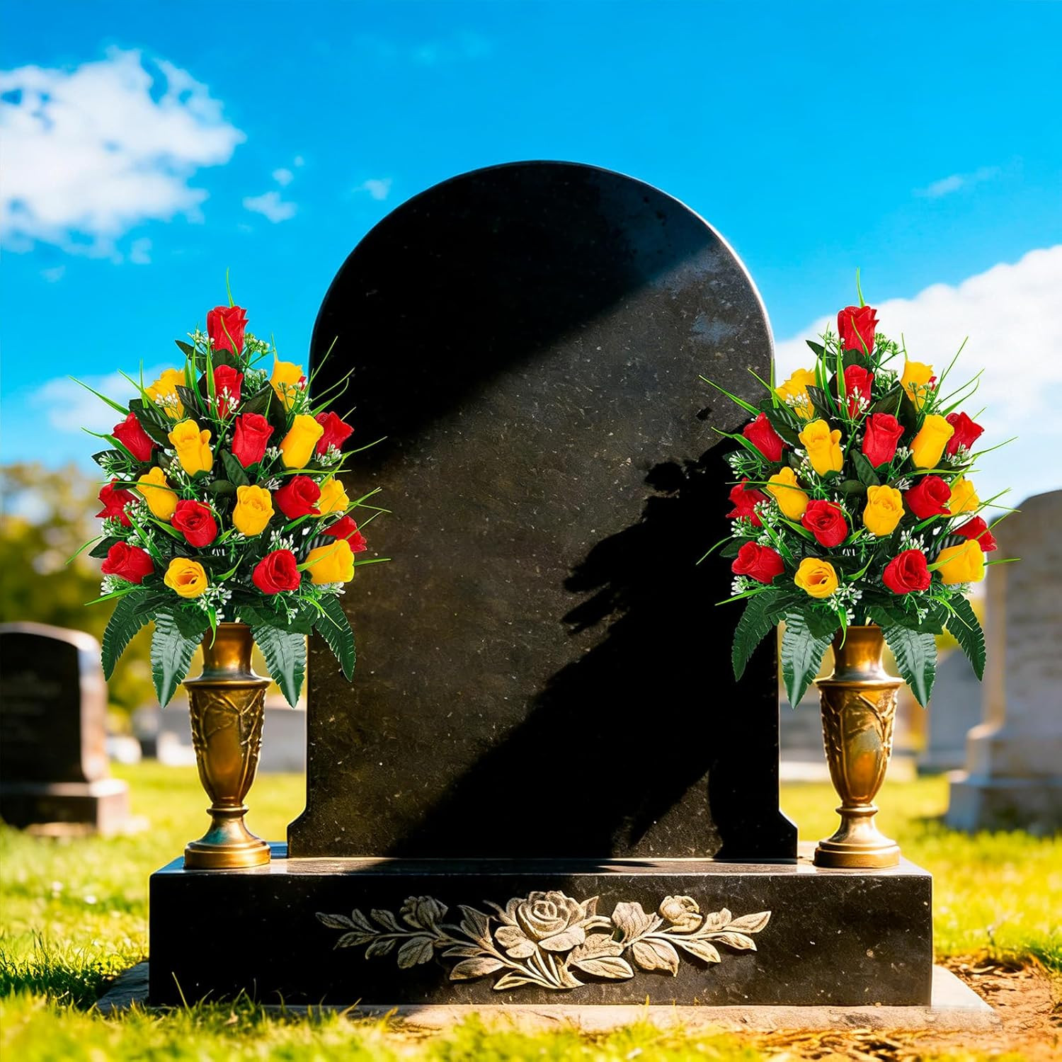Artificial Cemetery Flowers – Set of 2 Grave Memorial Rose Flowers with Vase for