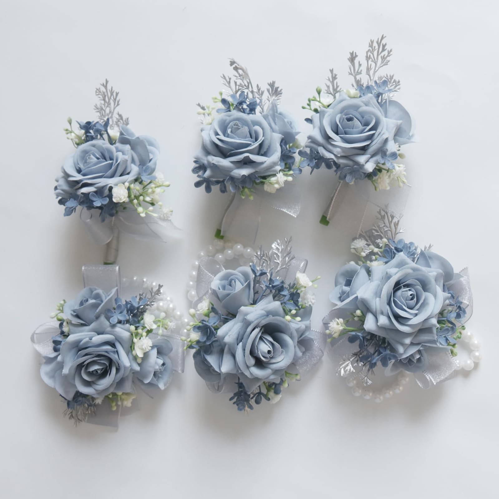 Wrist Corsage Boutonniere Set Artificial Rose Flowers Groom Bride Dusty Blue