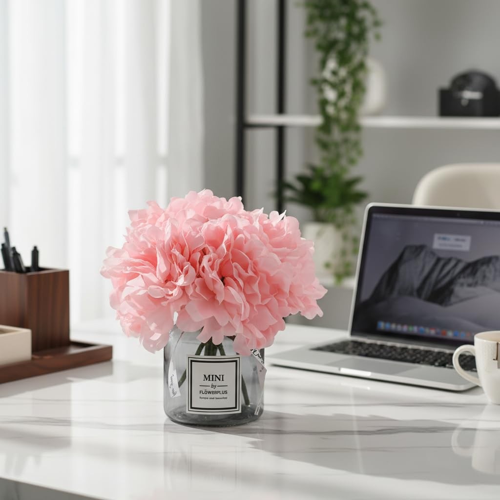 Faux Silk Peony Artificial Flowers Glass Vase Set Wedding Home Table Decor
