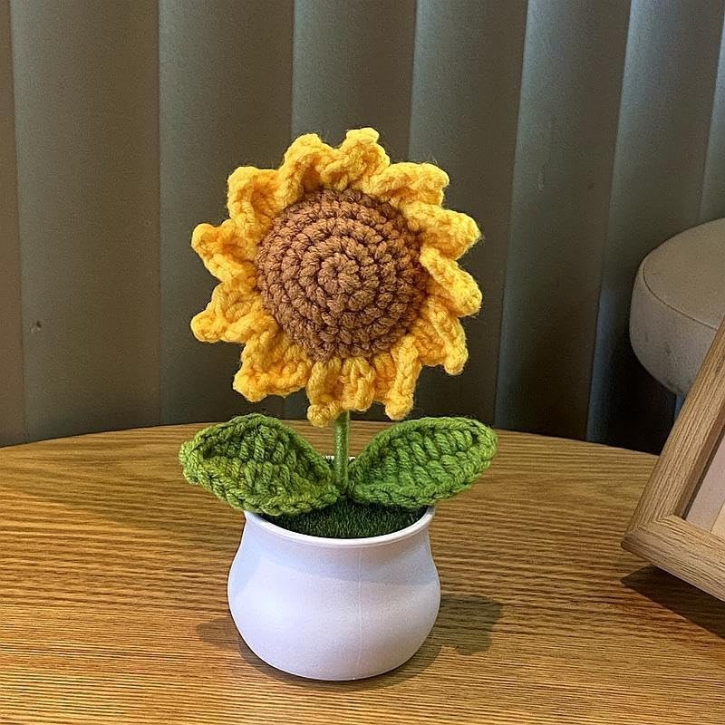 Desk Decor Small Sunflower Flower Pot Handmade Crochet, Book Shelf, Table Top