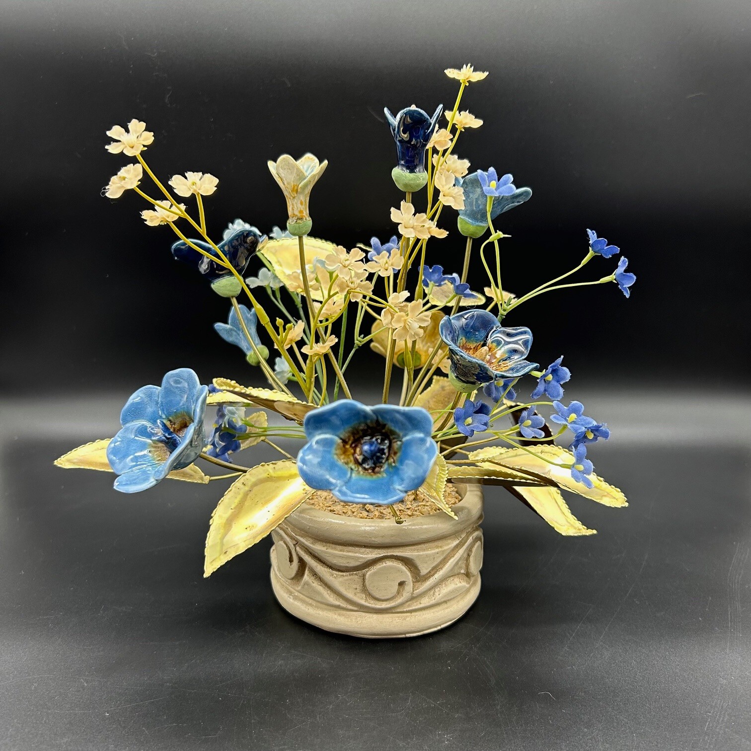 Mixed Media Flower Arrangement Ceramic & Faux Silk Flowers Metal Leaves in Pot