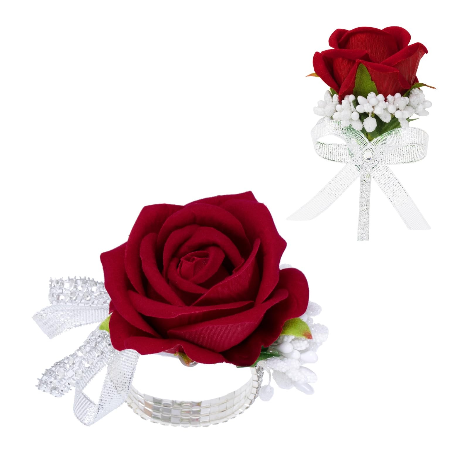 2 PCS Red Artificial Rose Corsage Wristlet Men Boutonniere Set Prom Suit