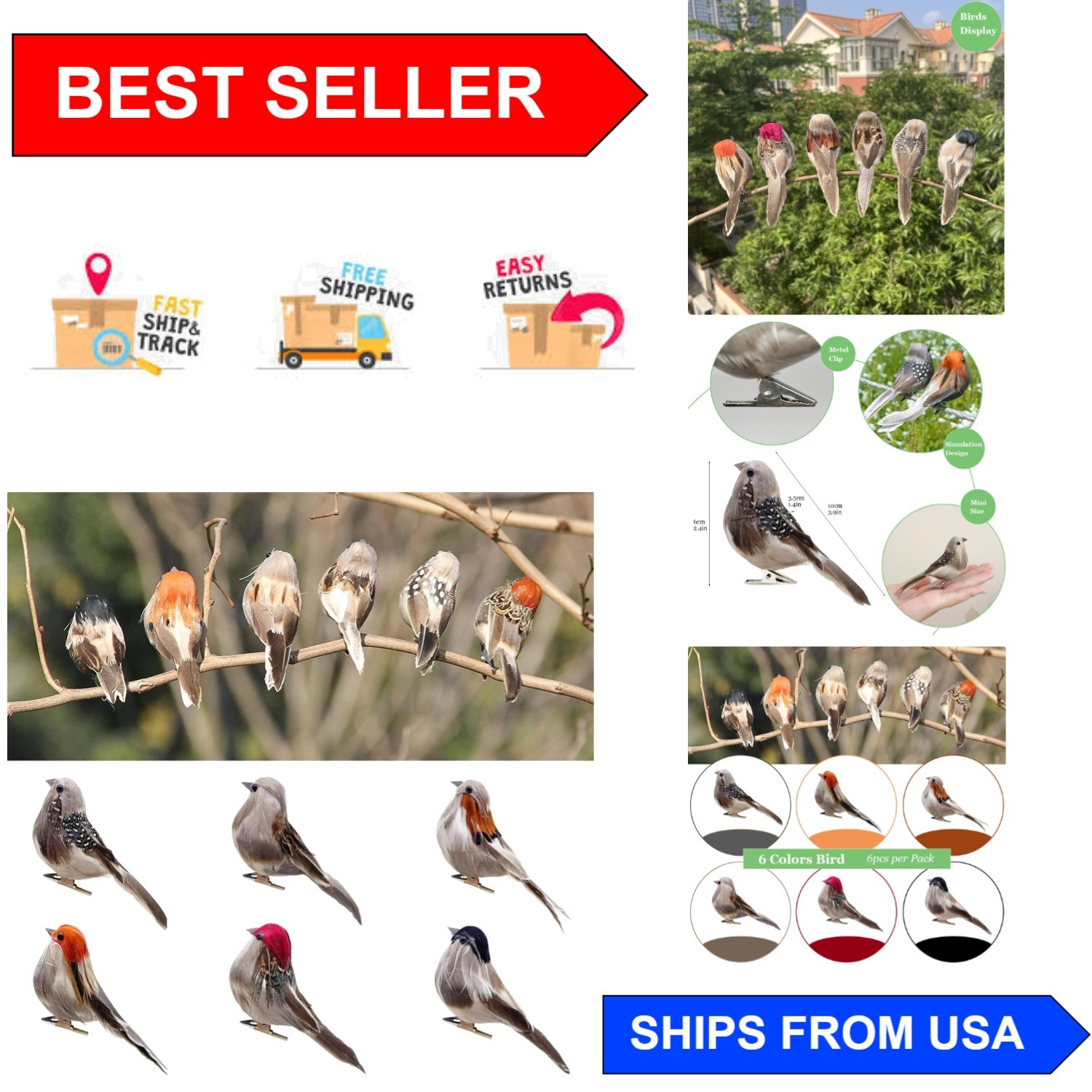 Versatile 3.9-Inch Clip-On Birds – 6 Colors for Craft and Holiday Decorations