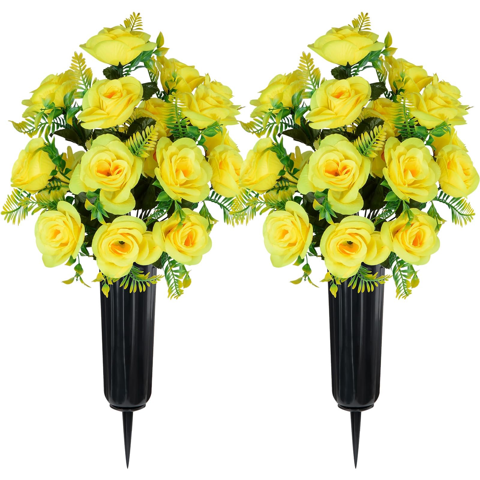 2 Sets Yellow Artificial Rose Bouquet with Vase for Cemetery Graveyard Decor