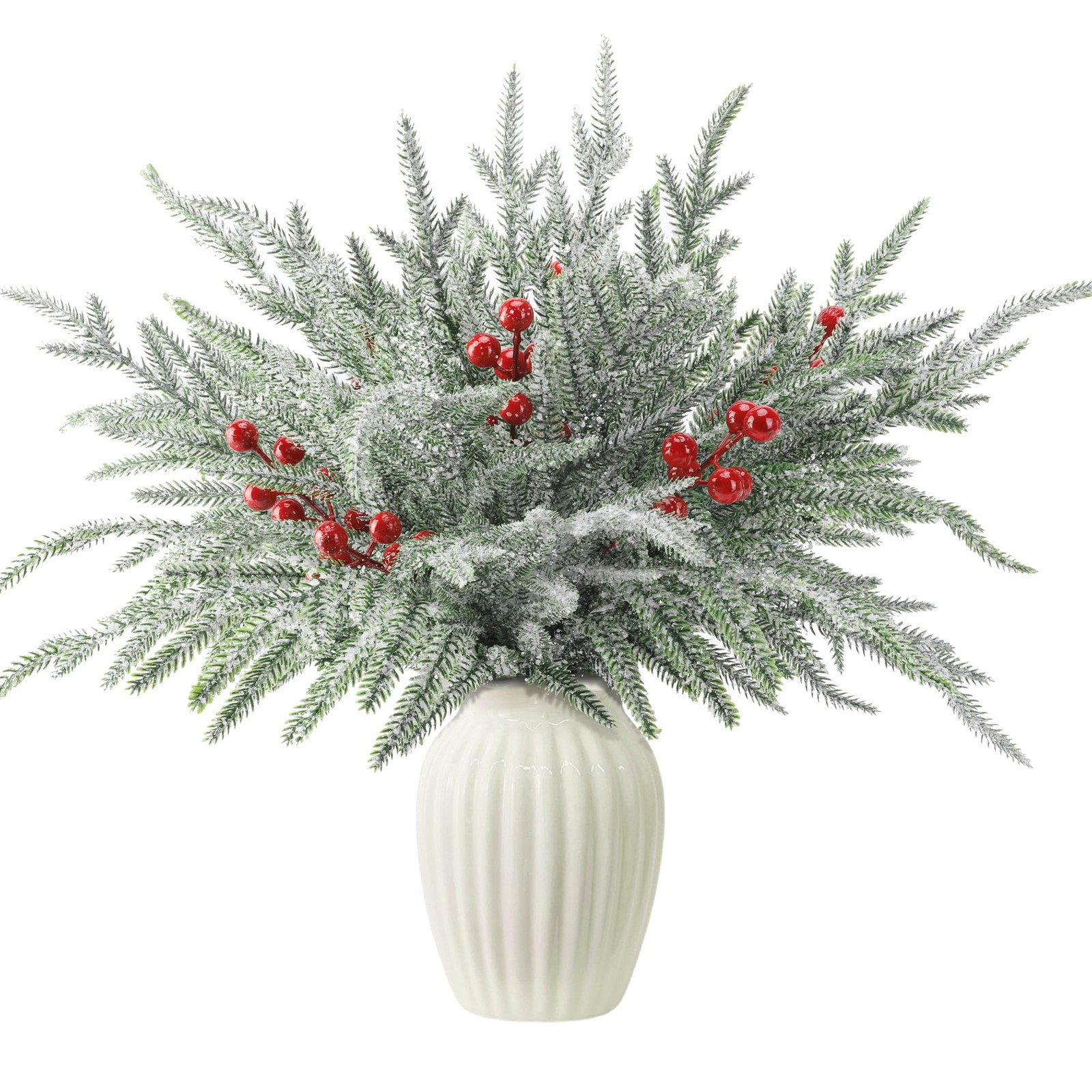 35 Pcs Christmas Snow Norfolk Pine Branches with Red Berry Stems