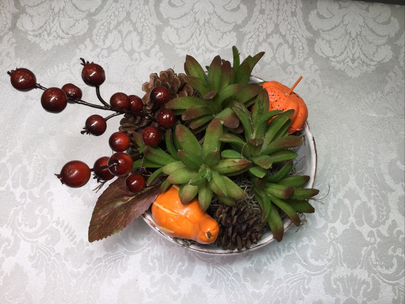 Floral Faux Succulent Arrangement Tuscan Bowl Centerpiece Fall Autumn Decor