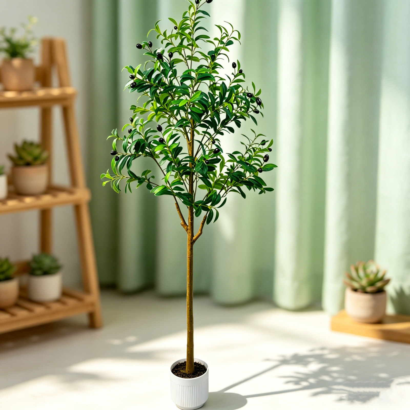 5Ft Fake Olive Tree With White Pot Moss Lifelike Foliage For Indoor Commercial