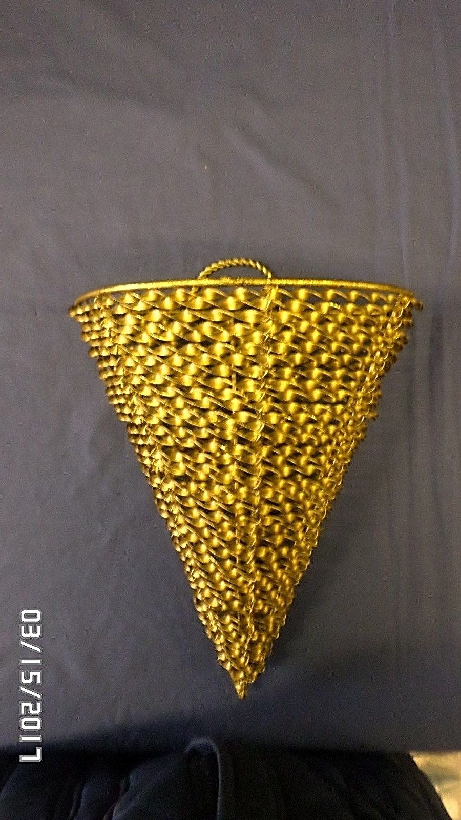 1849M Large Silk Flower Metal Hanging Basket Wall Hugger Cone Shaped Twist Brass