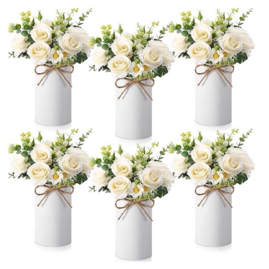 White Rose Centerpiece with Vase Set of 6 Table Decor Wedding Party Artificial