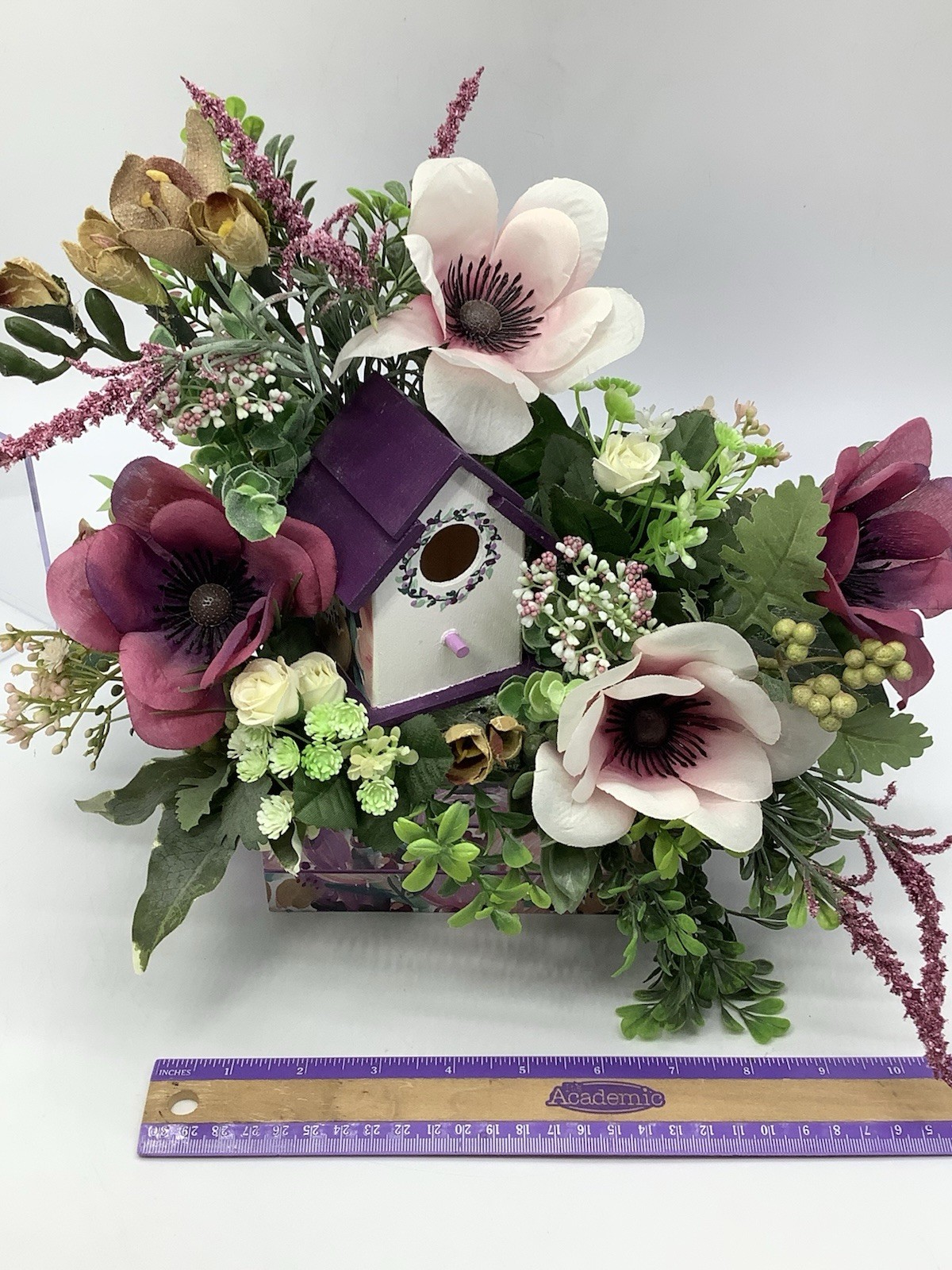 Handmade Purple Floral Arrangement With Hand painted Wood Birdhouse
