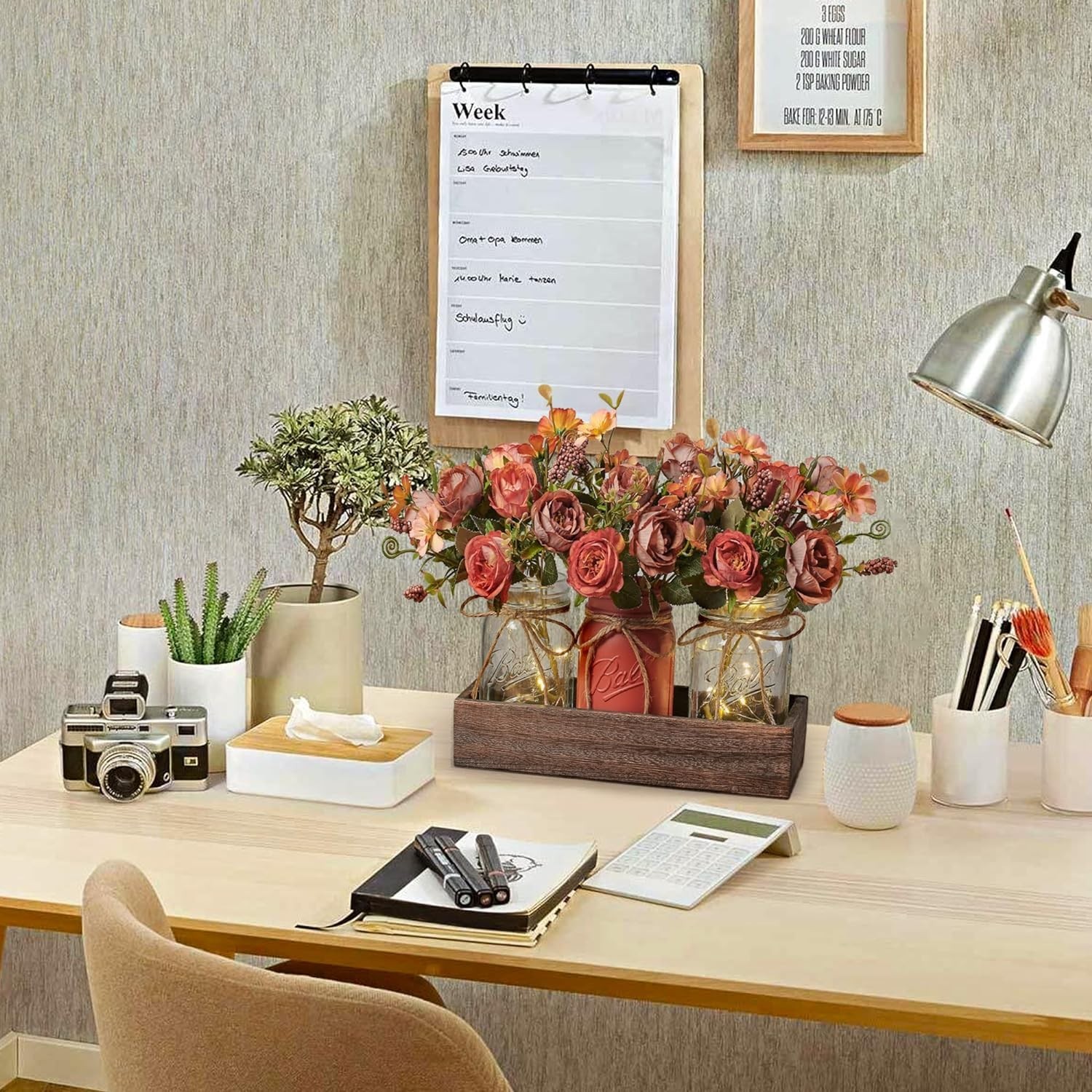 Versatile 3-Pc Mason Jar Set with Wood Tray & LED for Dining & Living Spaces