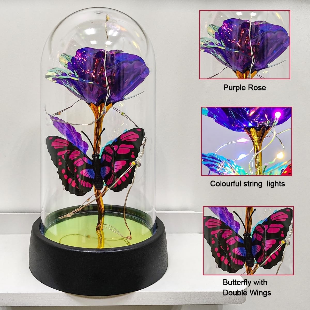 JUNQIU Mothers Day Rose Gifts for Mom, Glass Rose in Glass Dome, Light up Flower