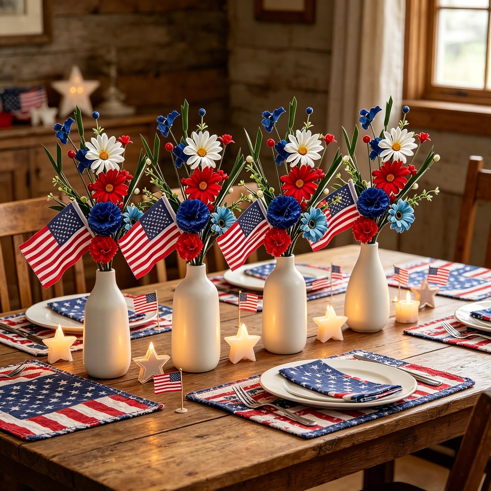 4 Pack 4th of July Picks Patriotic Artificial Red White Blue Daisy Flowers wi…