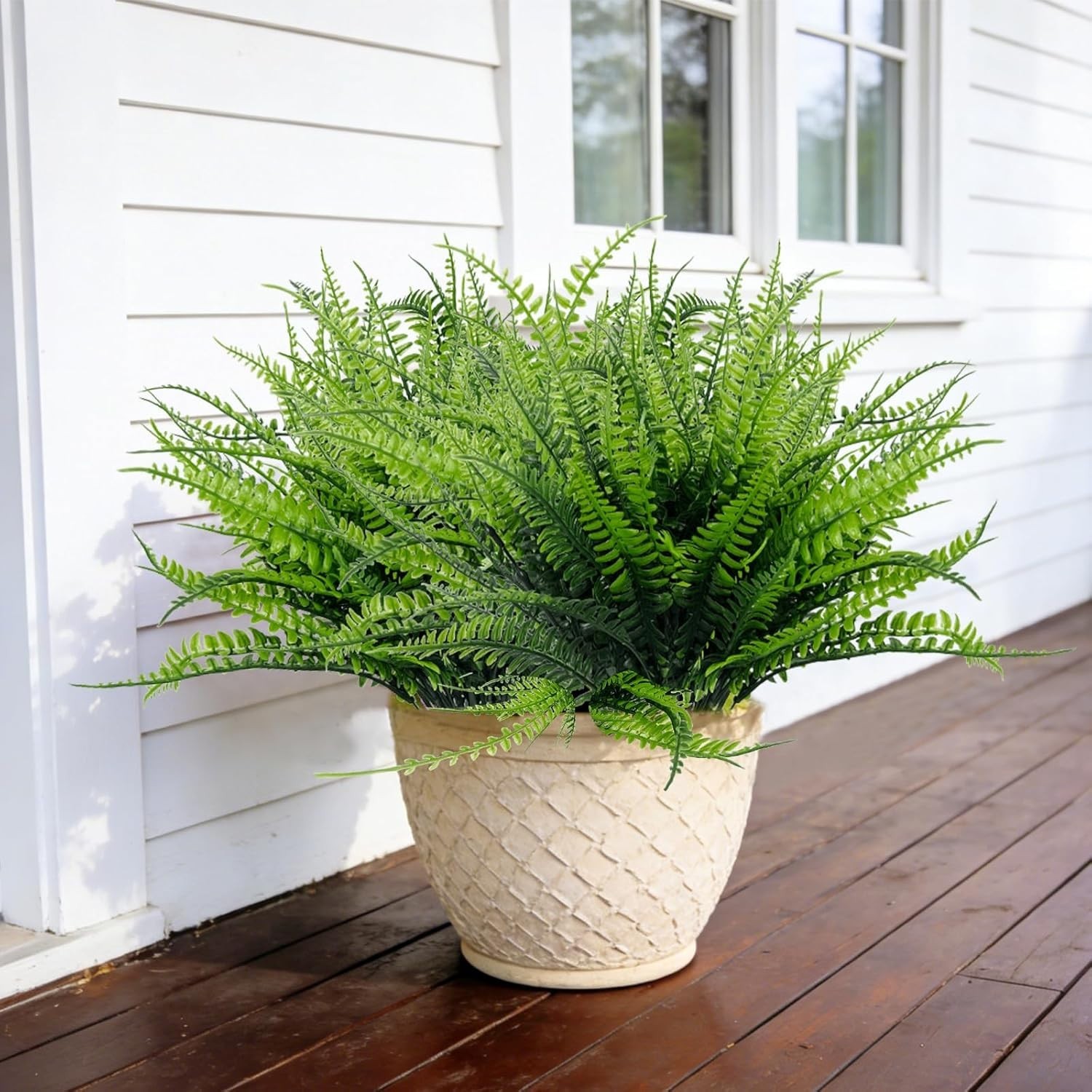 Turnmeon Artificial Boston Fern 12 Bundles UV Resistant Green 17in Long Stem
