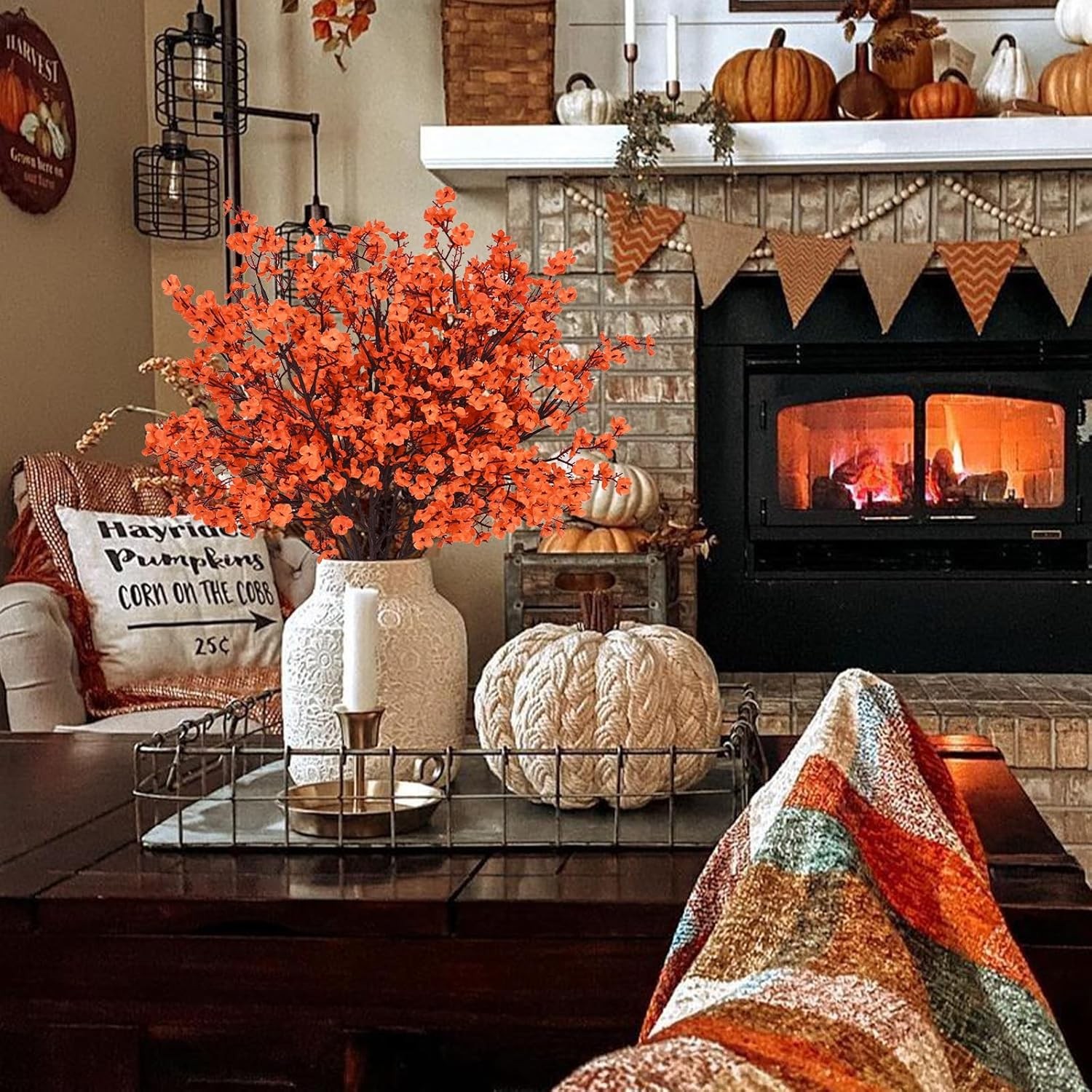 Fake Fall Flowers Thanksgiving Table Decor, 5Pcs Fall Orange Faux Artificial