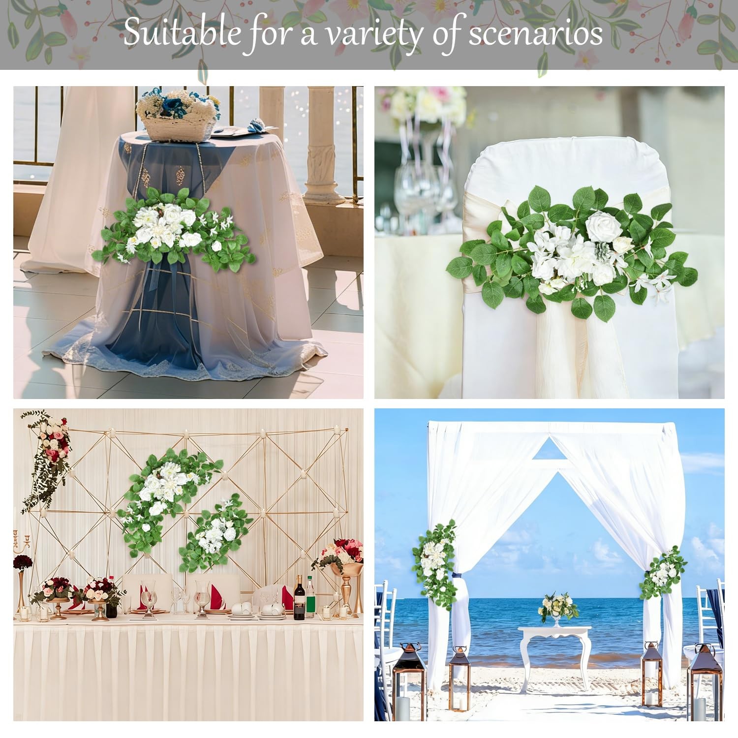 2 PCS White Artificial Wedding Arch Flowers Floral Swags Ceremony Backdrop