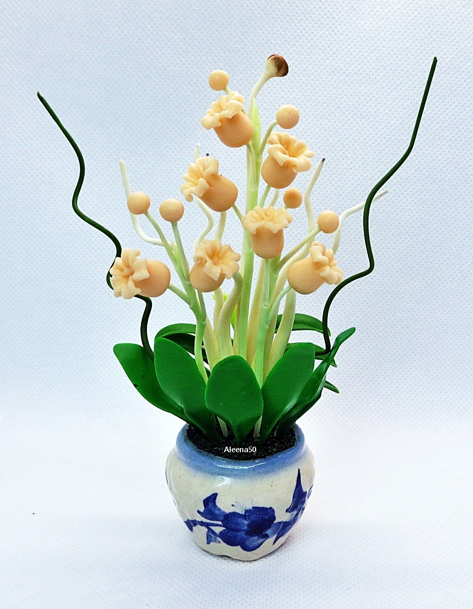 US Stock 5″H Handmade Miniature Air Dry Clay Bell-Flowers Arranged in CeramicPot