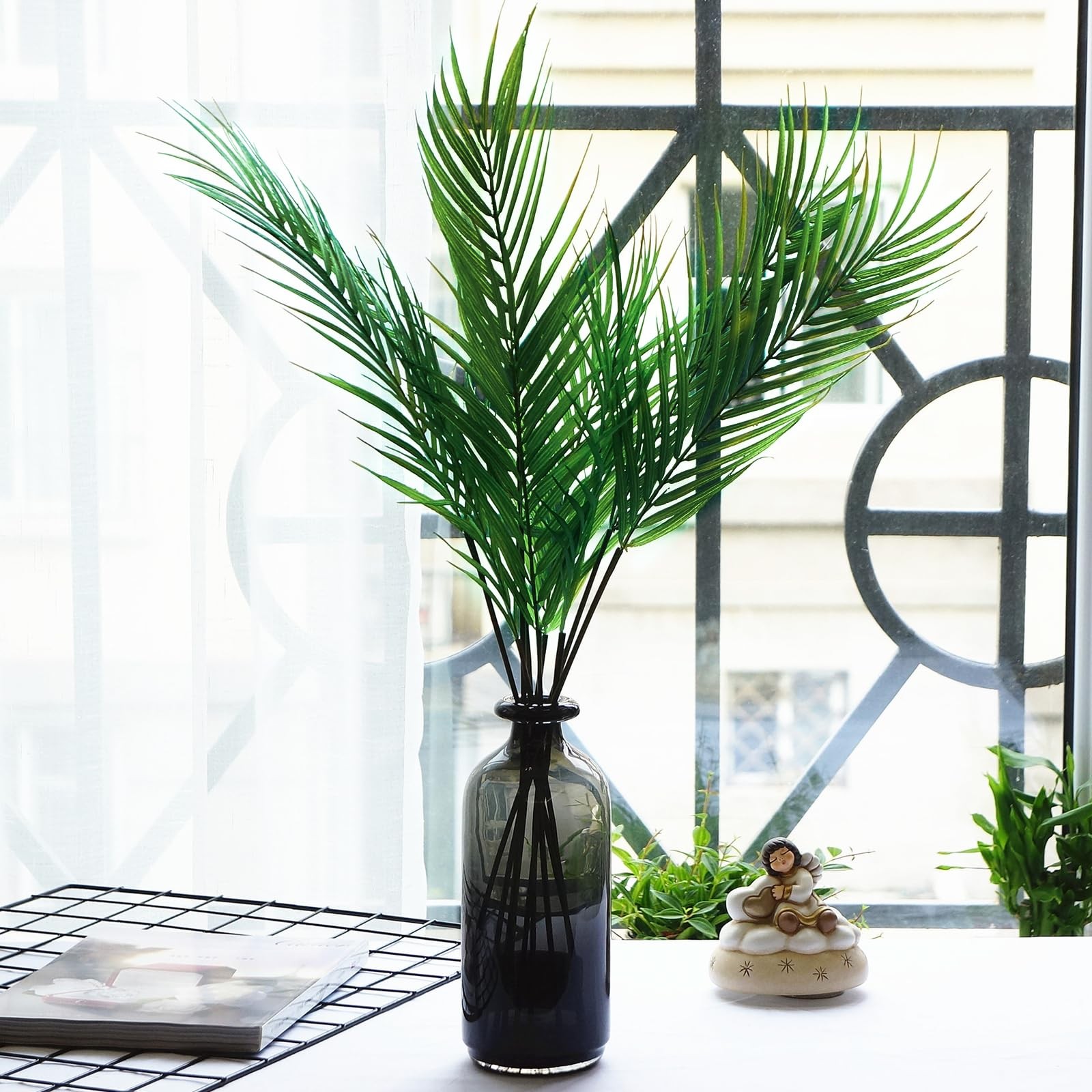 12Pcs Artificial Palm Leaves Tropical Palm Tree Leaves Greenery Faux Palm Fro…