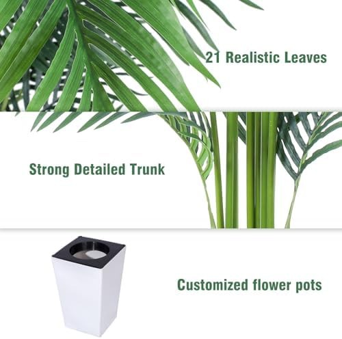 Artificial Palm Tree with White Tall Planter, 7ft Tall Potted Artificial Silk…