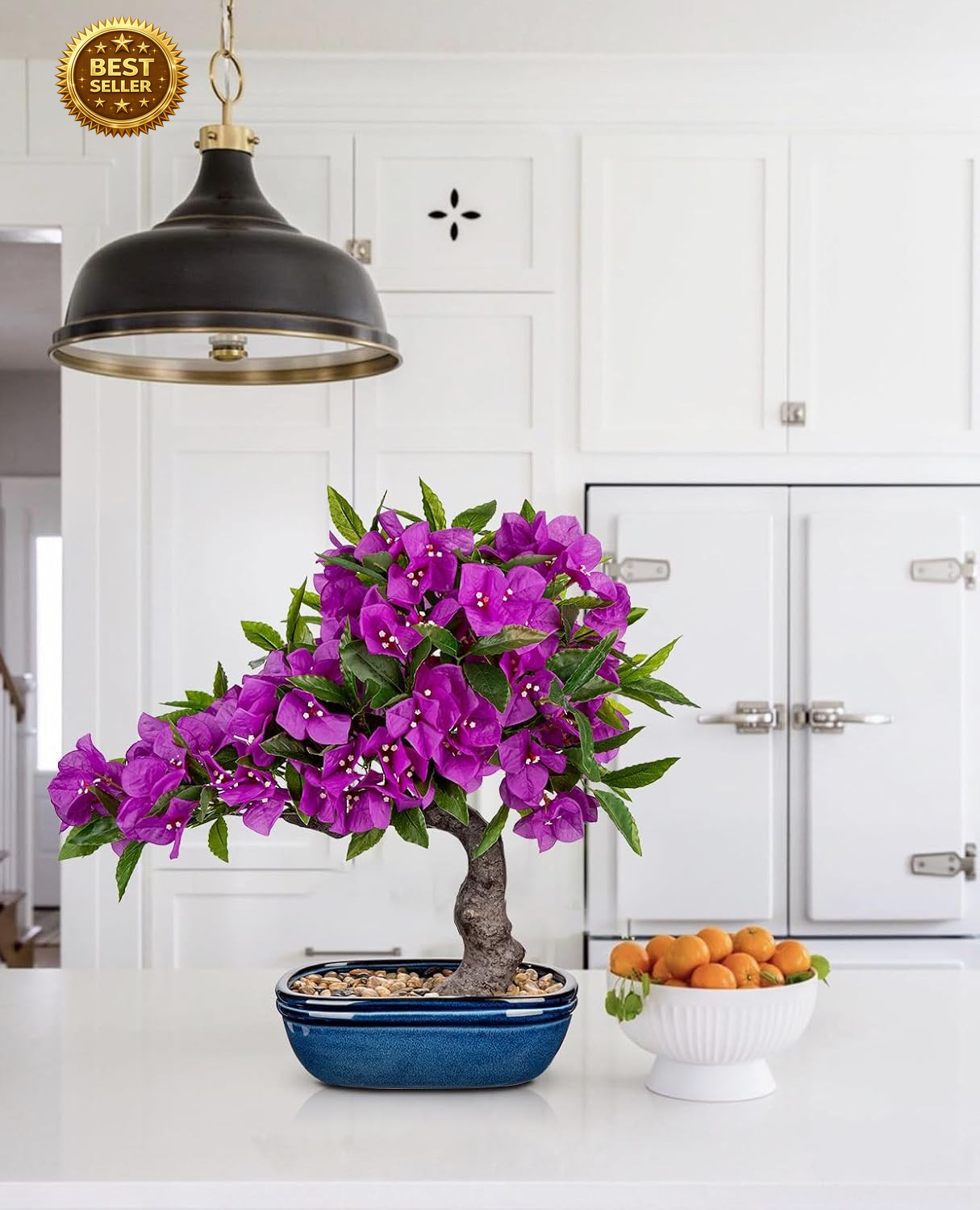 18.5in Artificial Bougainvillea Bonsi Tree Silk Plant Blue Pot Purple Home Decor