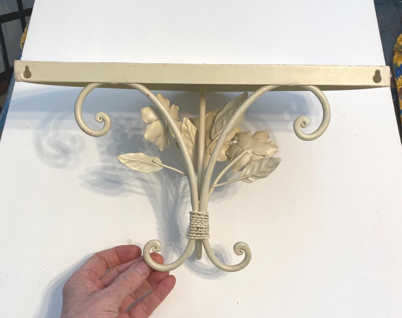 Vintage Ivory Cream off White Metal Floral Flowers Leaves Wall Shelf Beautiful!