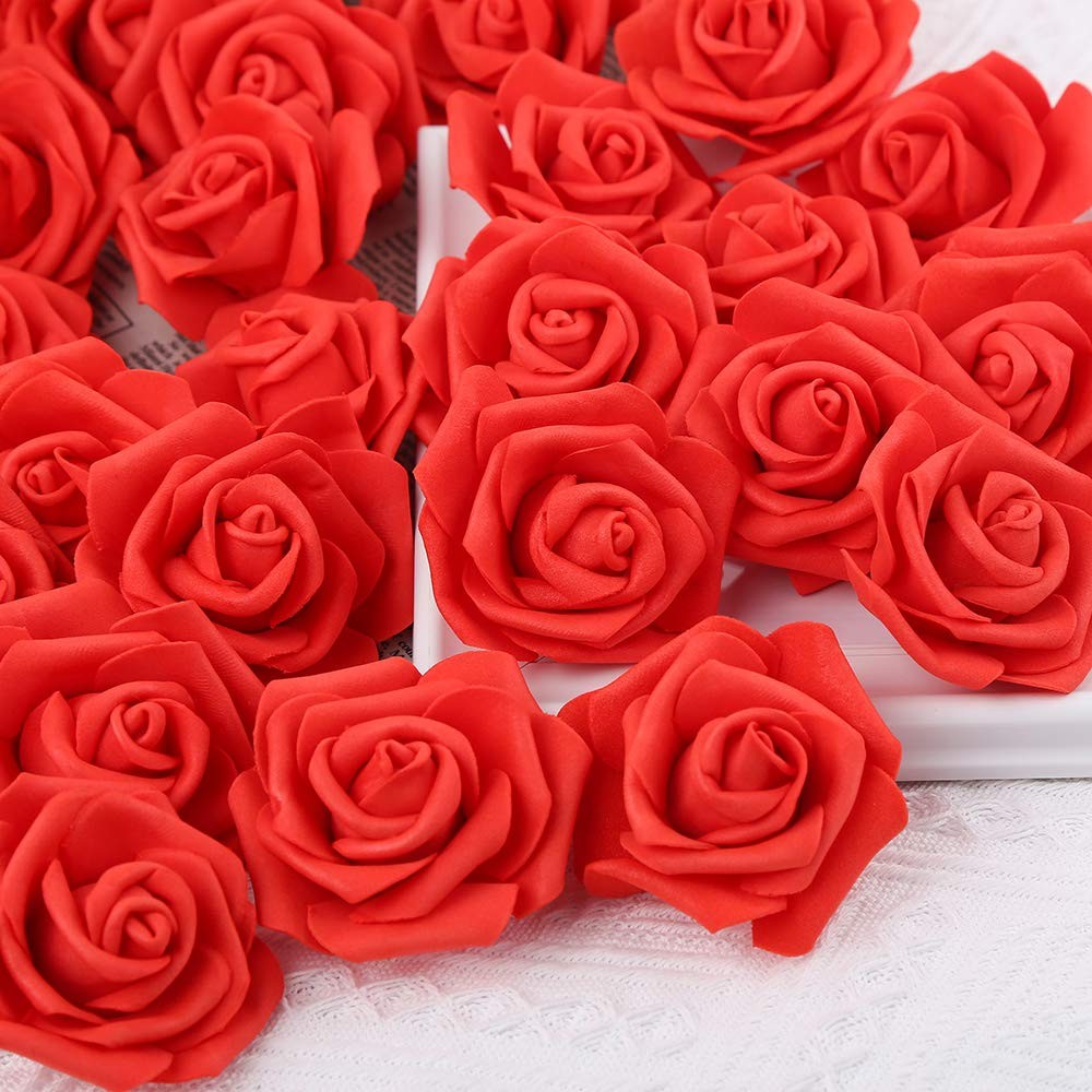 100 Pcs 3 Inch Red Rose Artificial Flower Heads for DIY Crafts Wedding Bouquets