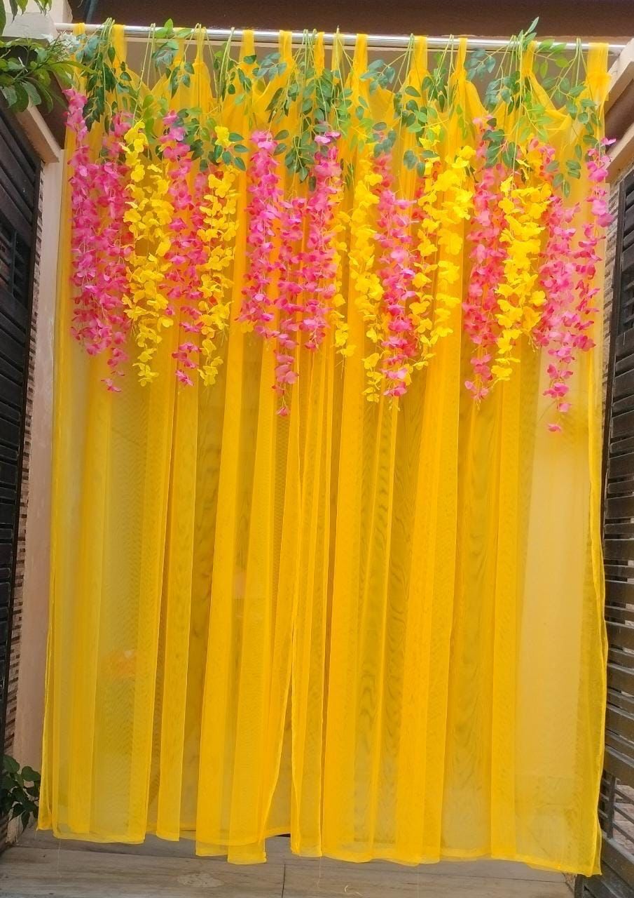 Haldi Decoration Backdrop Fabric With Marigold Garlands Complet Party Backdrop