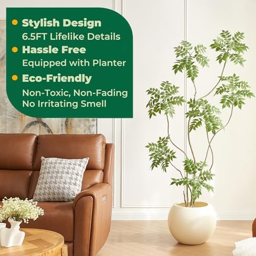 6.5FT Artificial Sumac Tree with White Pot, Tall Faux Plants Indoor, 6ft 6in