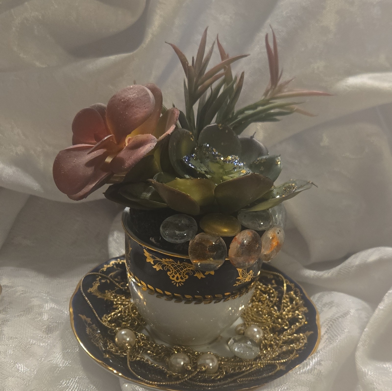 Artificial Succulent Floral Arrangement Ceramic Teacup & Saucer, Beads Chain