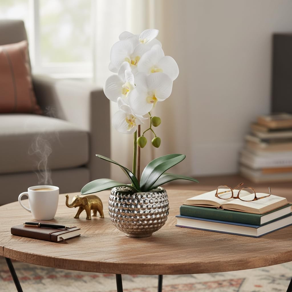 Large Artificial Orchid Flowers In Silver Pot Faux Plants Indoor Table Decor