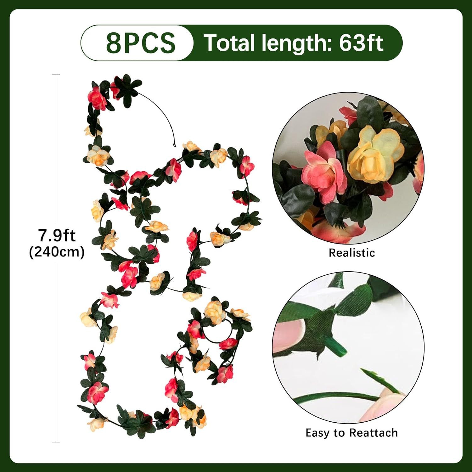 8pcs 63ft Pink Yellow Rose Garland Fake Flower Vines Artificial Vine Flowers Ros