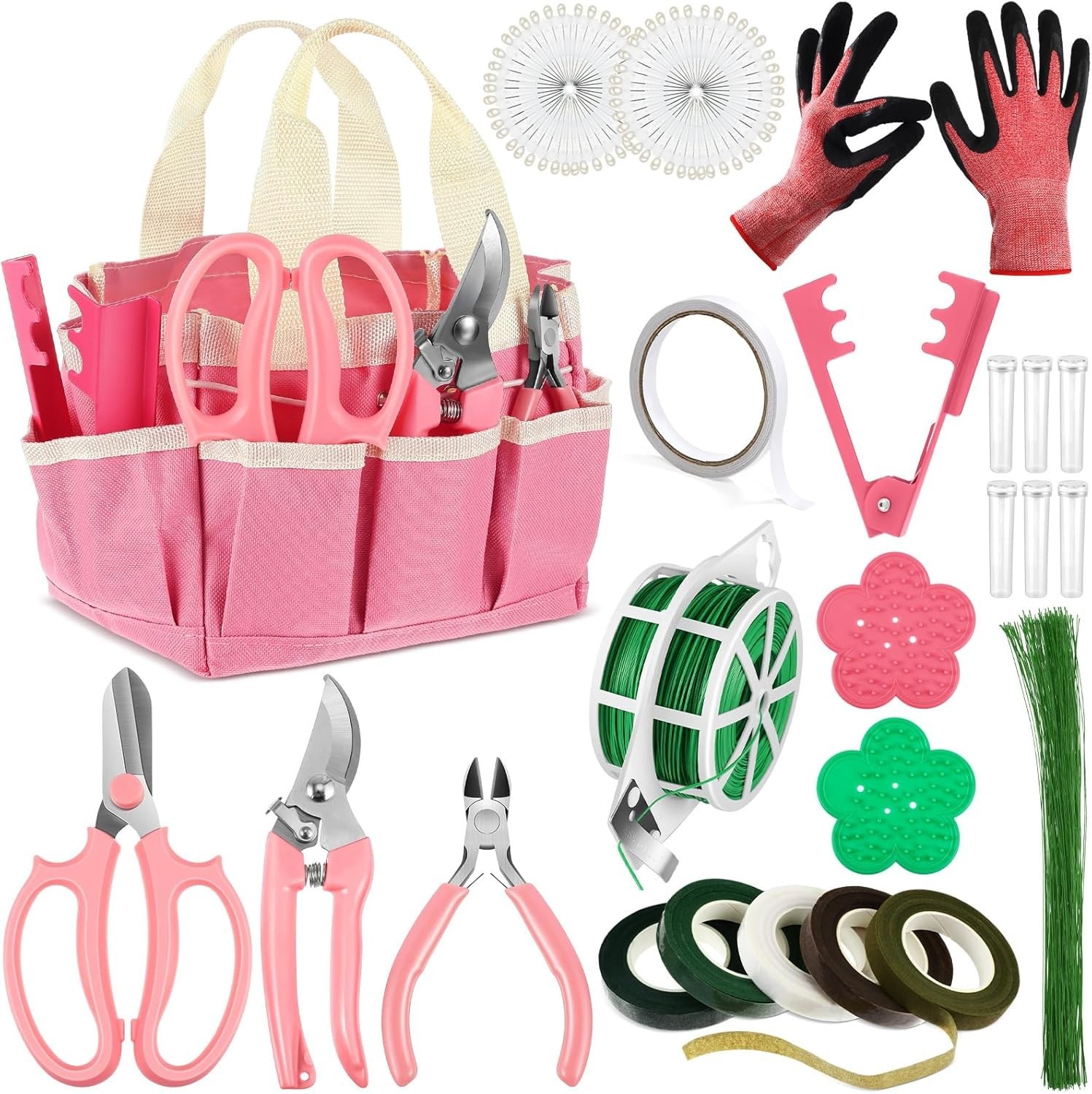 207-Piece Flower Arrangement Supplies Kit for Women in Pink with Garden Tool Bag