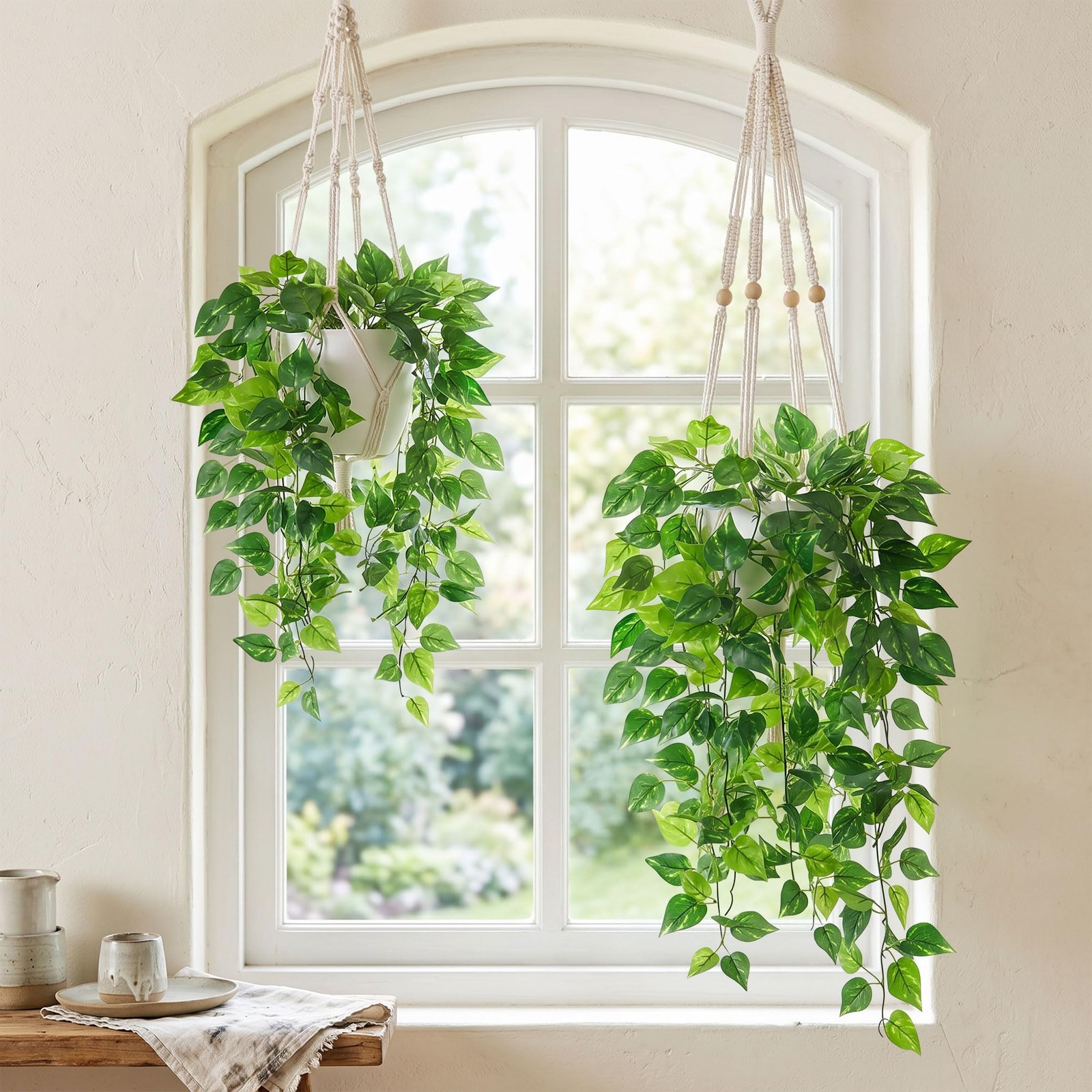 2 Packs Fake Hanging Plants with Pots, Artificial Pothos Hanging Plants with …