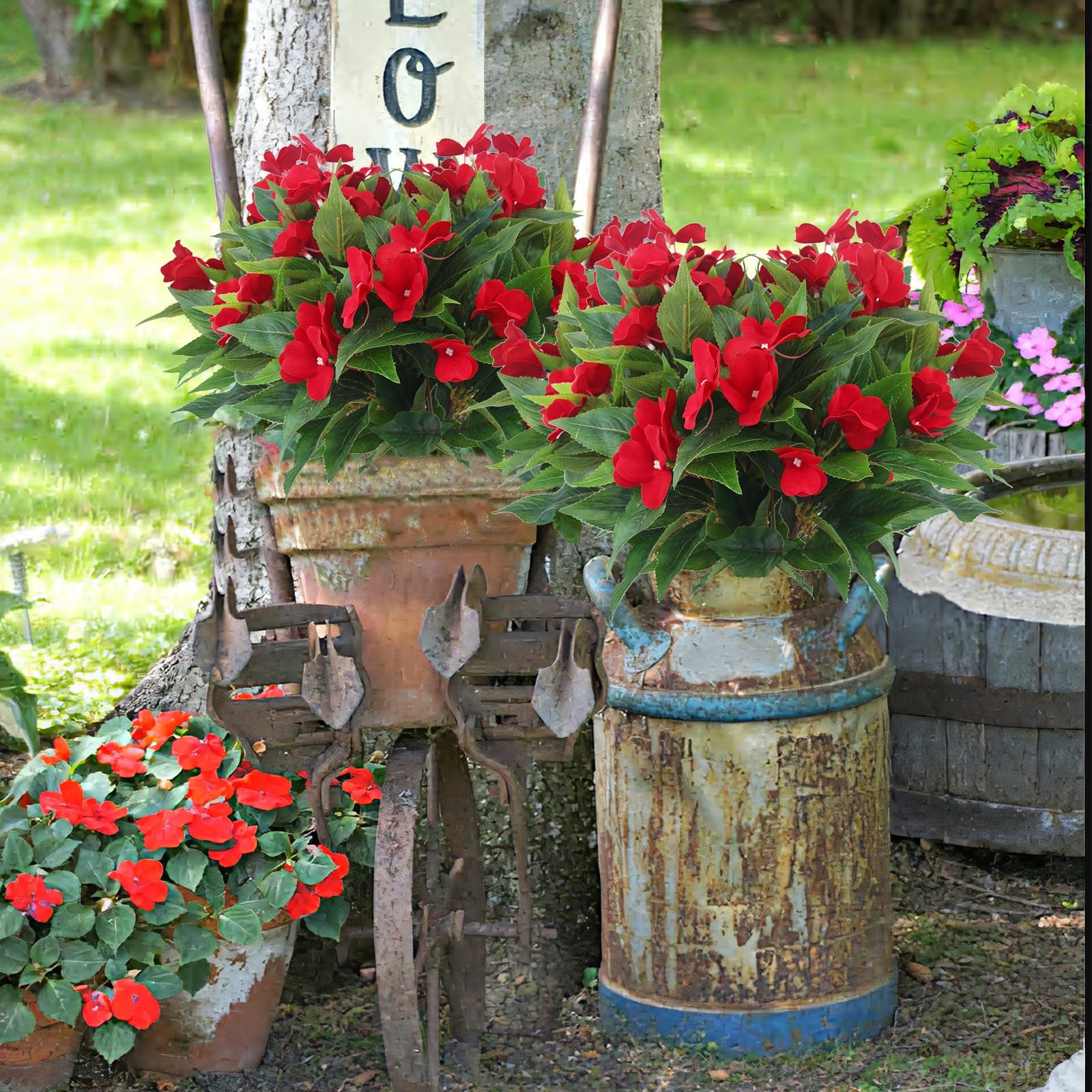2Pcs Artificial Red Impatien Flowers Outdoor Silk Faux Bush Planter Basket Porch
