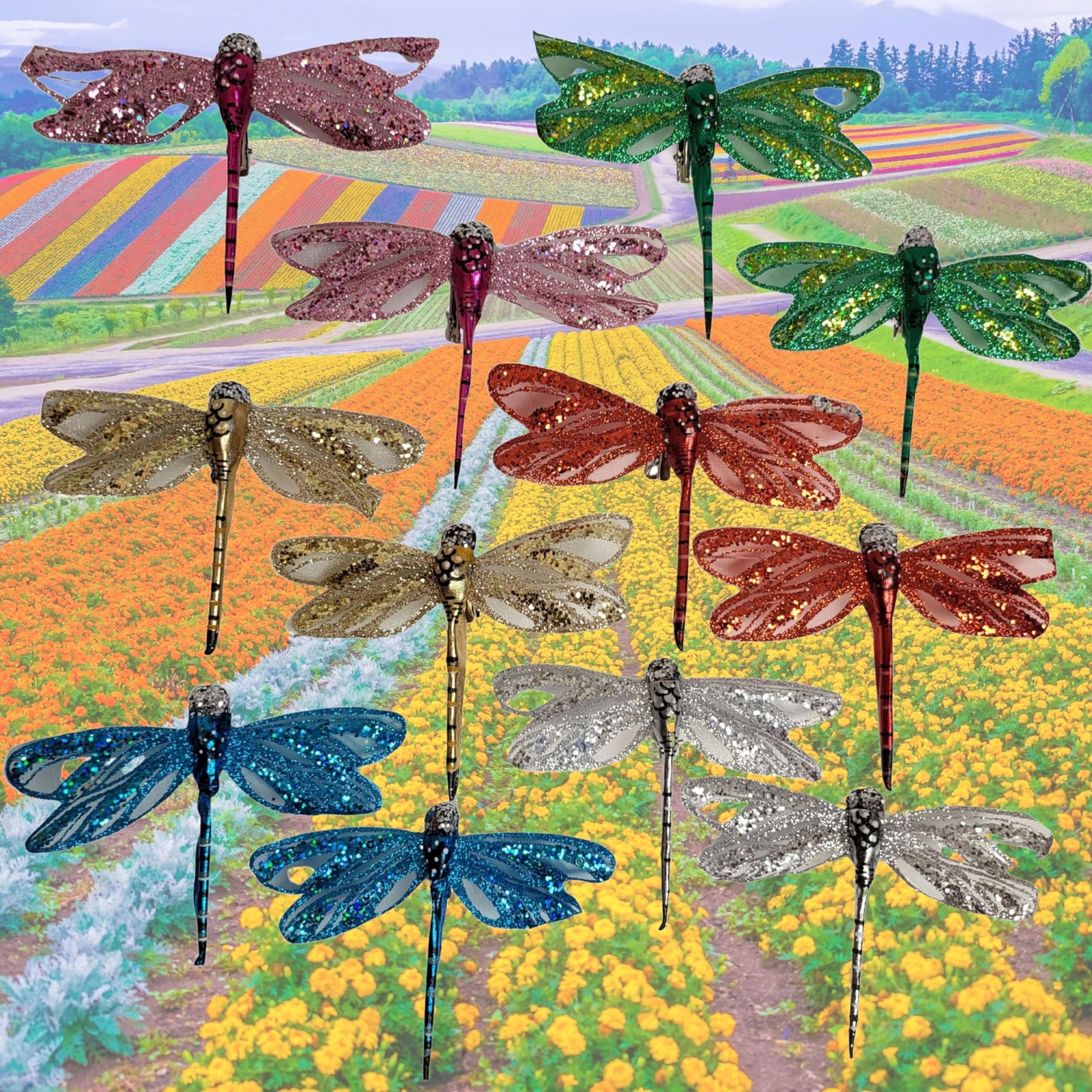 Dragonfly Clip Ons Set of 12, Multicolor Glitter Dragonfly Decorations with M…